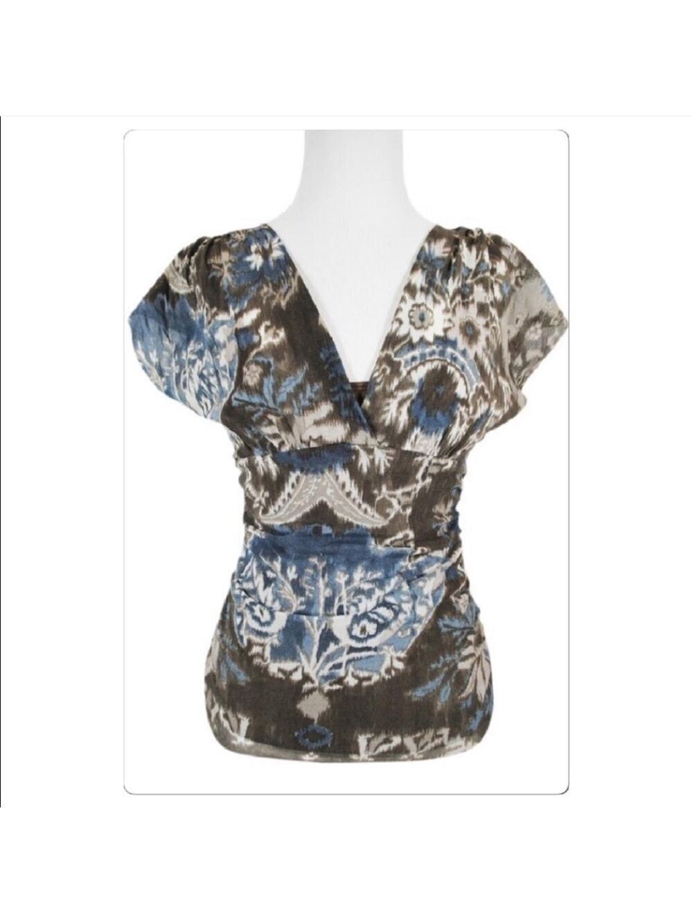 Karen Kane shirred mesh faux wrap blouse size medium